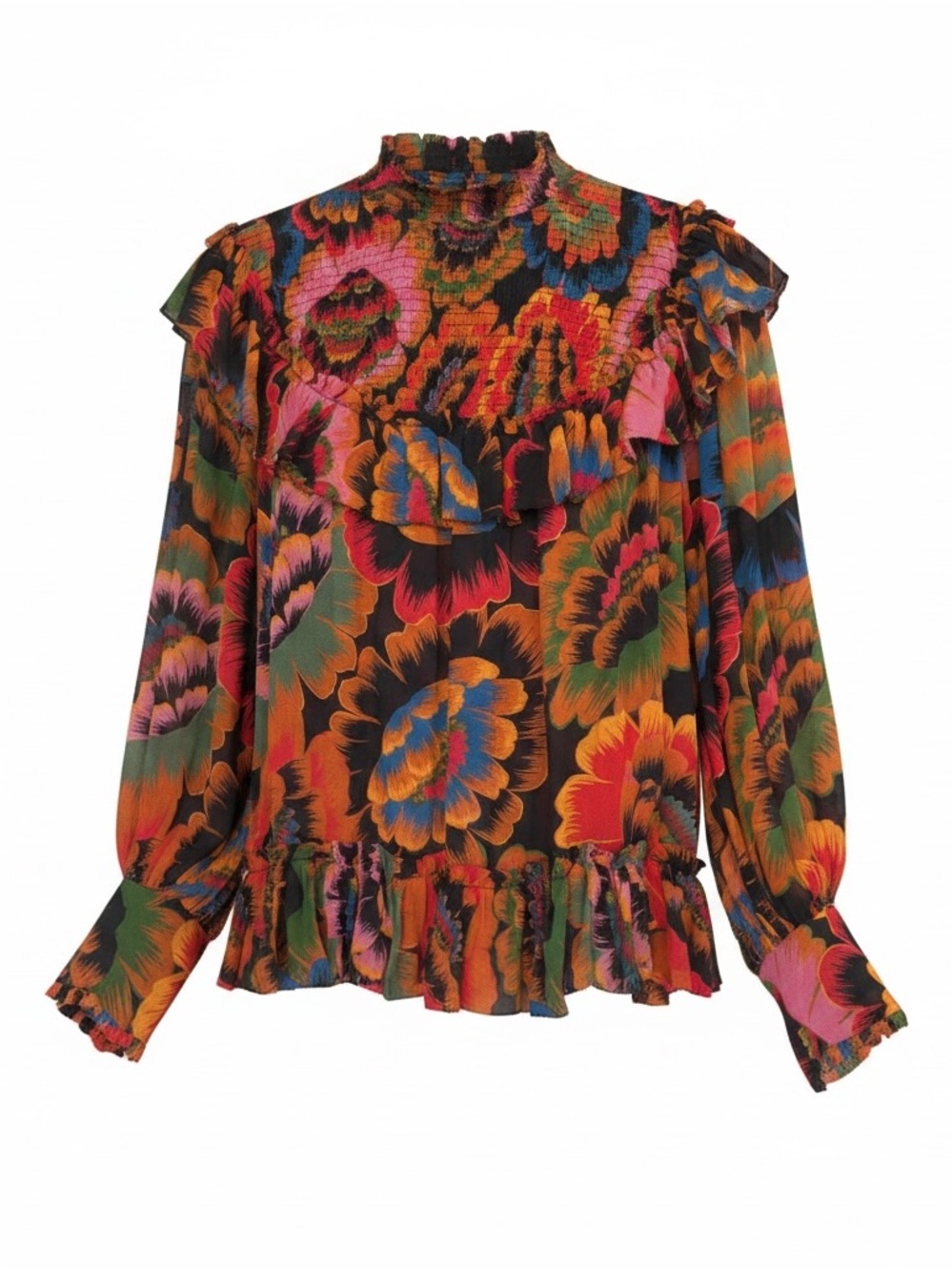 FARM Rio Multicolor Floral Smocked Ruffle Blouse SZ M - Picture 2 of 3